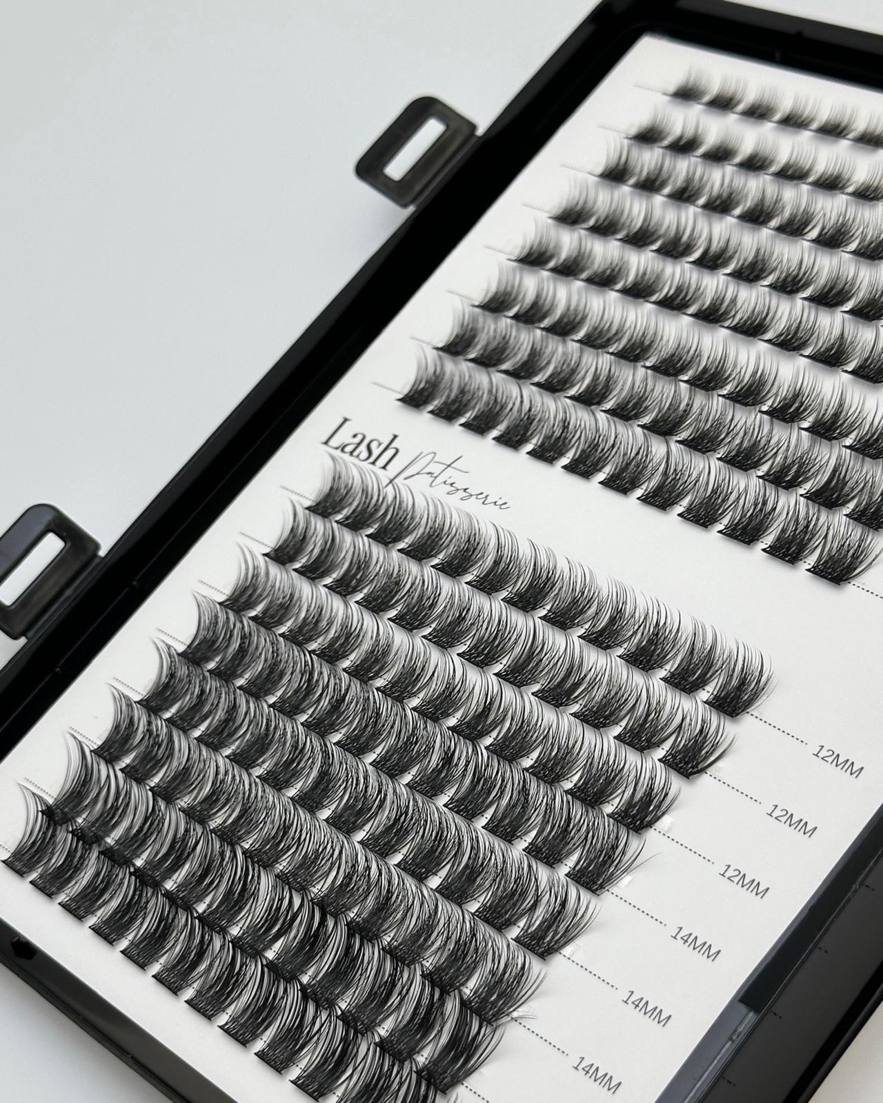 Lash clusters tray with sealant and applicator on a soft editorial flat-lay.